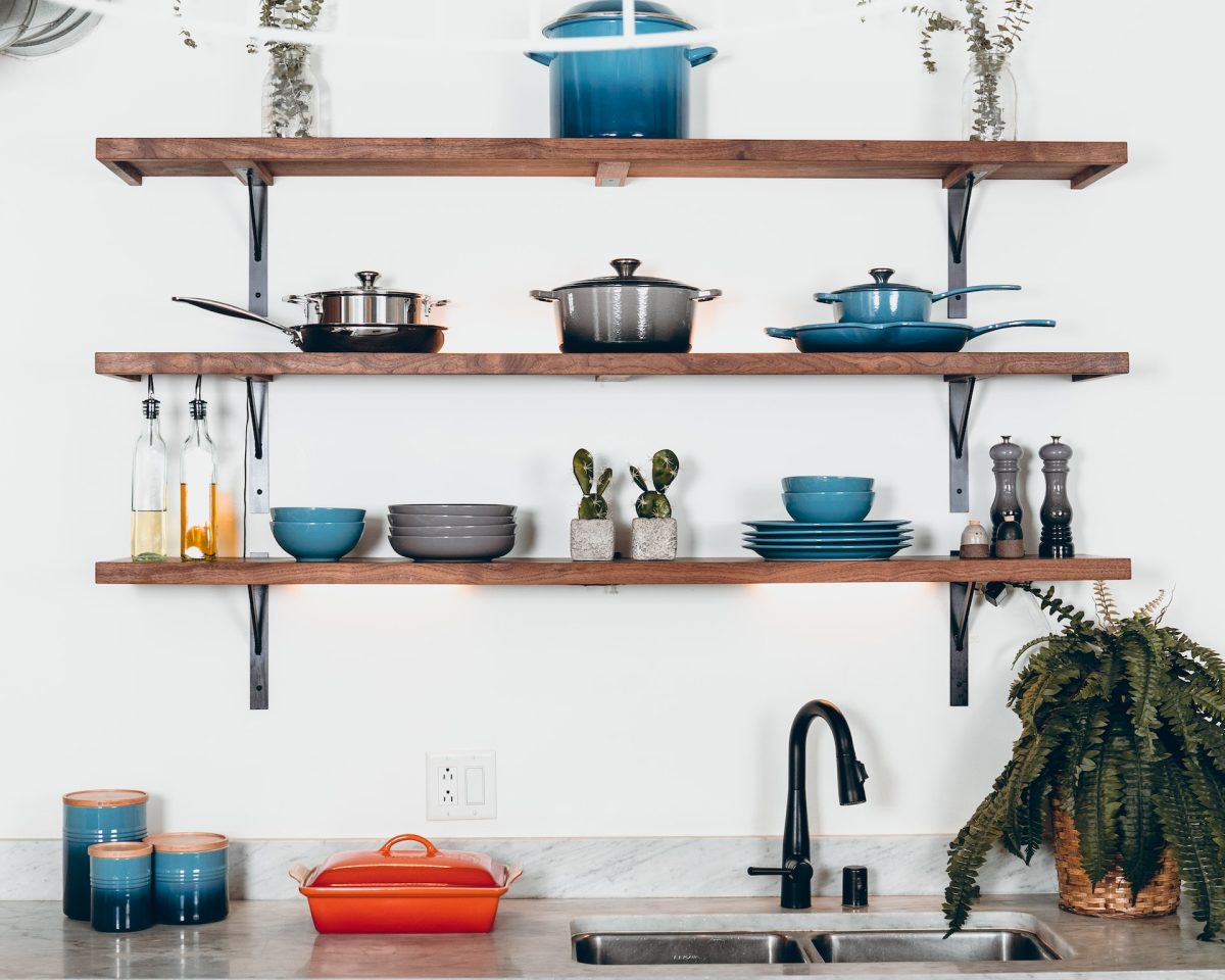 kitchen utensils on the shelves