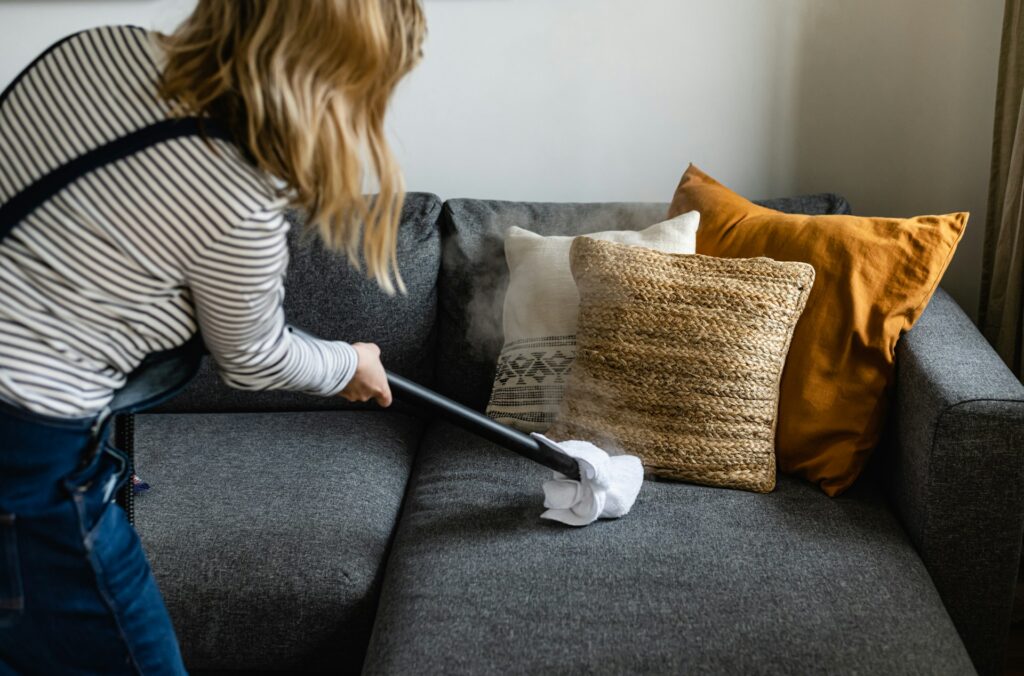 person cleaning sofa