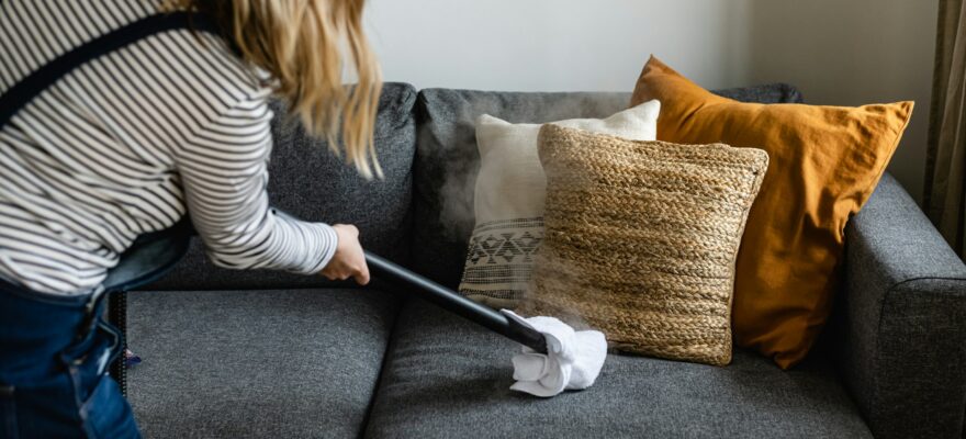 person cleaning sofa