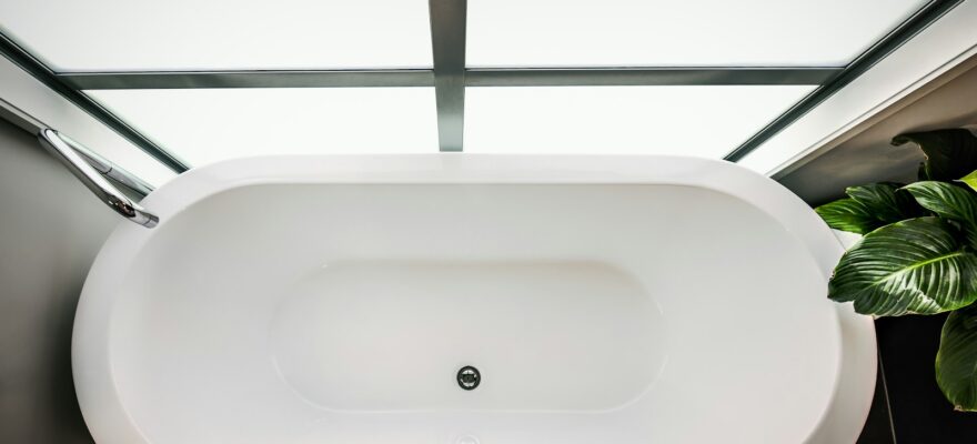 a white bath tub sitting next to a green plant